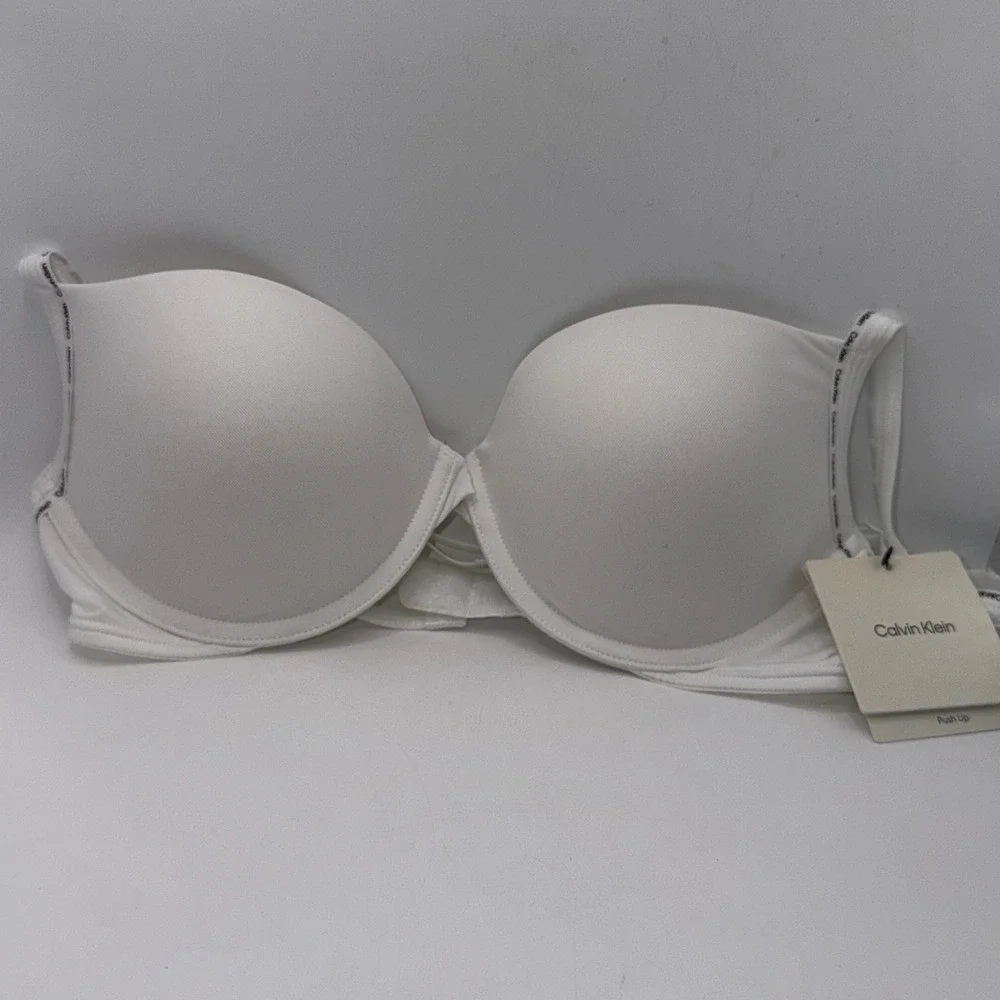 Calvin Klein 34B Microfiber Stretch Mini Logo White Push Up Bra Minimalist Basic